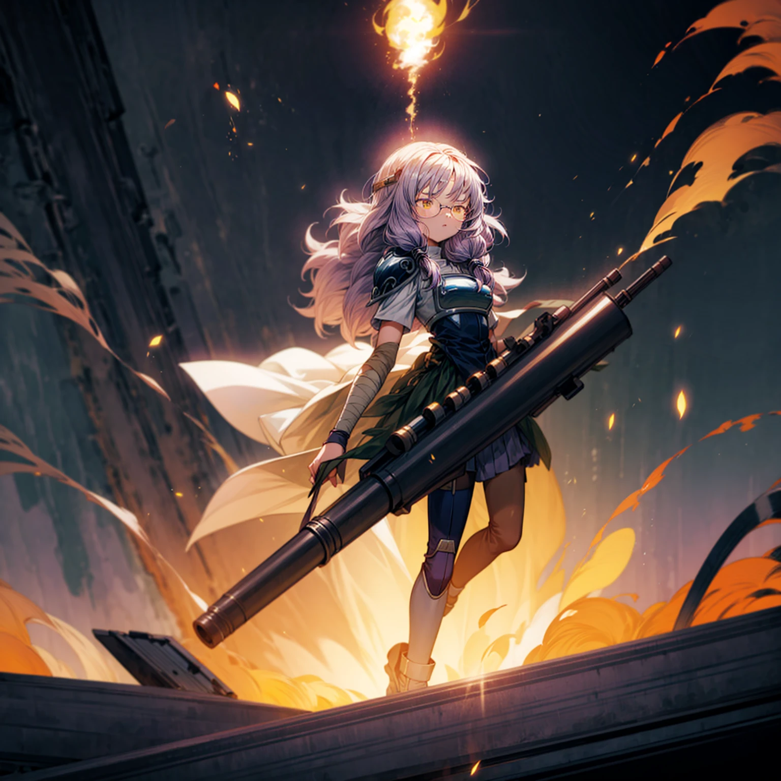 1girl, 1character, gold eyes, long Curly haircut, lavender color hair, army style clothing, white glasses, Long socks, boots army,  full iron armor, bandage on hand, Grassroots, background in fire city street, motion blur, (dragon ball style art), Big robot gun in hand, smoke effect, aura effect, Fire, lighting fire, plasma effect, fire city, (high angle view, full body view version, angry eyes)