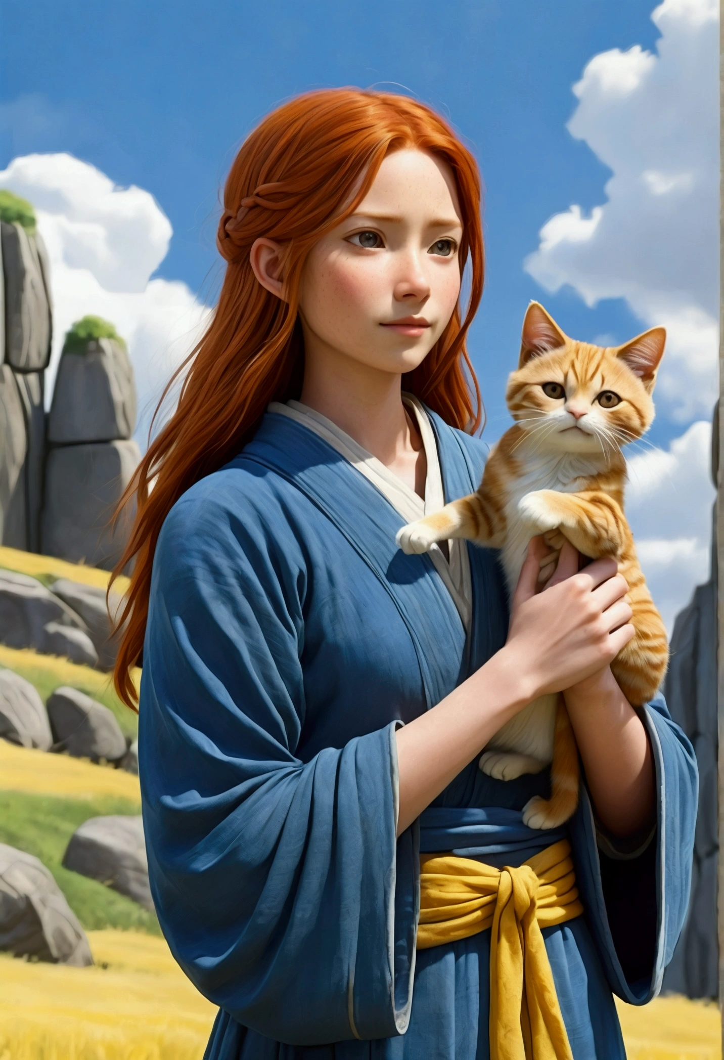{
"prompt": "A young woman around 18 years old with shoulder-length red hair, wearing a simple blue robe resembling that of a Western adventurer, with a white symbol on the chest. She stands with her arms outstretched. On her shoulder is a small, cute creature resembling a cat with long ears, and it has yellow and dark brown stripes. The background features a vast, serene landscape with tall stone mound structures and a clear sky. The scene should be illustrated in the style of a Ghibli animation, capturing the same calm and detailed atmosphere.",
"size": "1024x1024"
}