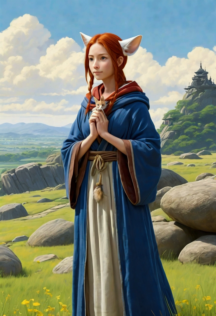 {
"prompt": "A young woman around 18 years old with shoulder-length red hair, wearing a simple blue robe resembling that of a Western adventurer, with a white symbol on the chest. She stands with her arms outstretched. On her shoulder is a small, cute creature resembling a cat with long ears, and it has yellow and dark brown stripes. The background features a vast, serene landscape with tall stone mound structures and a clear sky. The scene should be illustrated in the style of a Ghibli animation, capturing the same calm and detailed atmosphere.",
"size": "1024x1024"
}