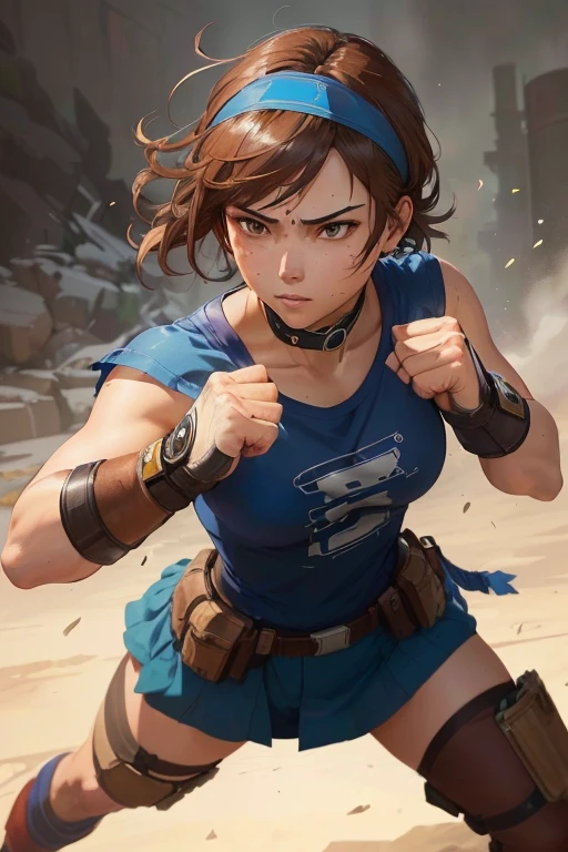 A woman in a blue shirt and brown pants is punching with her fist, Female protagonist 👀 :8, Female protagonist, honest shinkai ( Apex Legends ), Artjam and Athi Gairan, Vojtek Fuss, Portrait of a female anime hero, honest shinka, honest, Chunli, She's ready to fight, Chunli