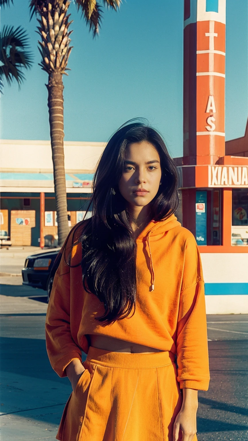 long shot portrait of cute 23 yo girl ,wear ((orange color oversized_hoodie)), wear ((purple tennis skirt)),looking front,Best Quality,Masterpiece,Ultra High Resolution,(Realisticity:1.4),Original Photo, 1Girl, light leak,ultra high resolution,UHD,beautiful, (black bob hair), almond eye, no makeup, in front of (80's abandon gas station), (realistic:1.2), (surreal:1.3), (very detailed:1.1), ((masterpiece)),summer, blue sky, palm trees,sunny, los angles vibes,film camera, 800mm lens,style of Philip Lorca diCorcia