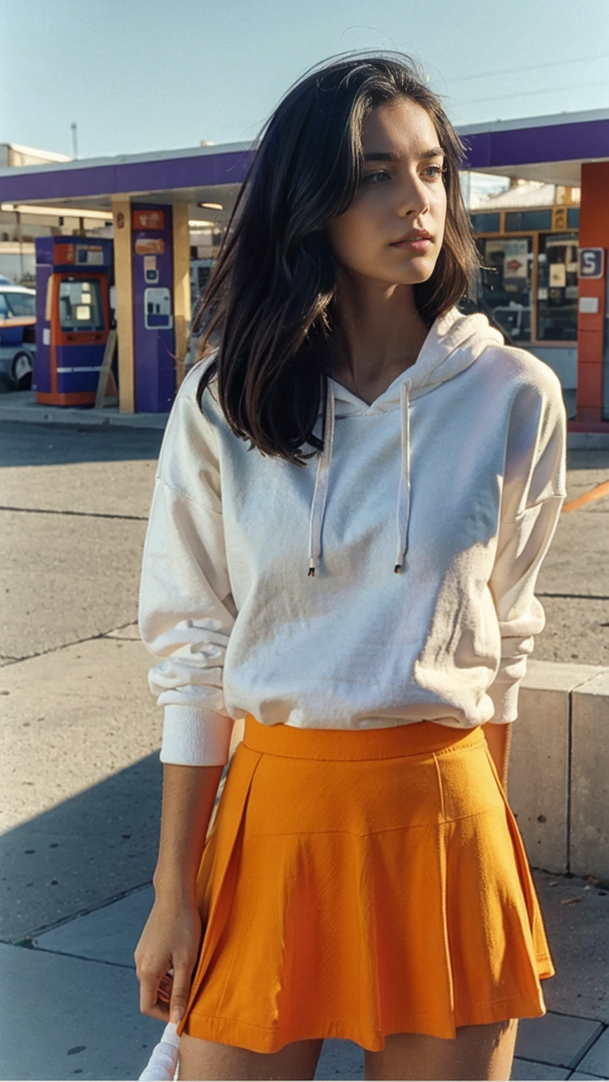 long shot portrait of cute 23 yo girl ,wear ((orange color oversized_hoodie)), wear ((purple tennis skirt)),looking front,Best Quality,Masterpiece,Ultra High Resolution,(Realisticity:1.4),Original Photo, 1Girl, light leak,ultra high resolution,UHD,beautiful, (black bob hair), almond eye, no makeup, in front of (80's abandon gas station), (realistic:1.2), (surreal:1.3), (very detailed:1.1), ((masterpiece)),summer, blue sky, palm trees,sunny, los angles vibes,film camera, 800mm lens,style of Philip Lorca diCorcia