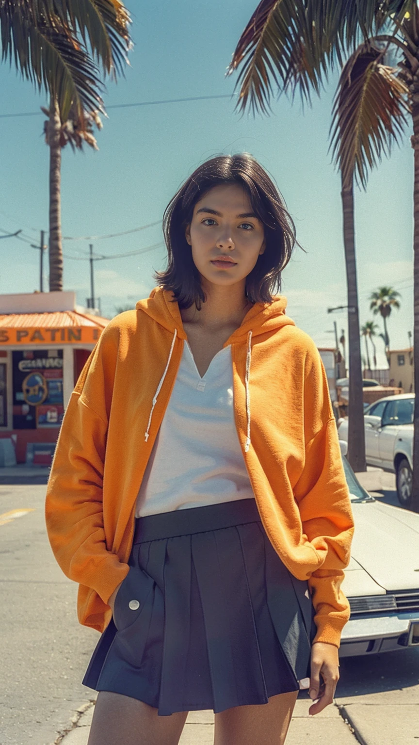 long shot portrait of cute 23 yo girl ,wear ((orange color oversized_hoodie)), wear ((purple tennis skirt)),looking front,Best Quality,Masterpiece,Ultra High Resolution,(Realisticity:1.4),Original Photo, 1Girl, light leak,ultra high resolution,UHD,beautiful, (black bob hair), almond eye, no makeup, in front of (80's abandon gas station), (realistic:1.2), (surreal:1.3), (very detailed:1.1), ((masterpiece)),summer, blue sky, palm trees,sunny, los angles vibes,film camera, 800mm lens,style of Philip Lorca diCorcia