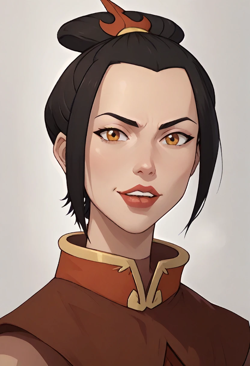 ((masterpiece, best quality)), (Azula), Azula smirks at viewer, lipstick, upper body: bare shoulders, skinny 