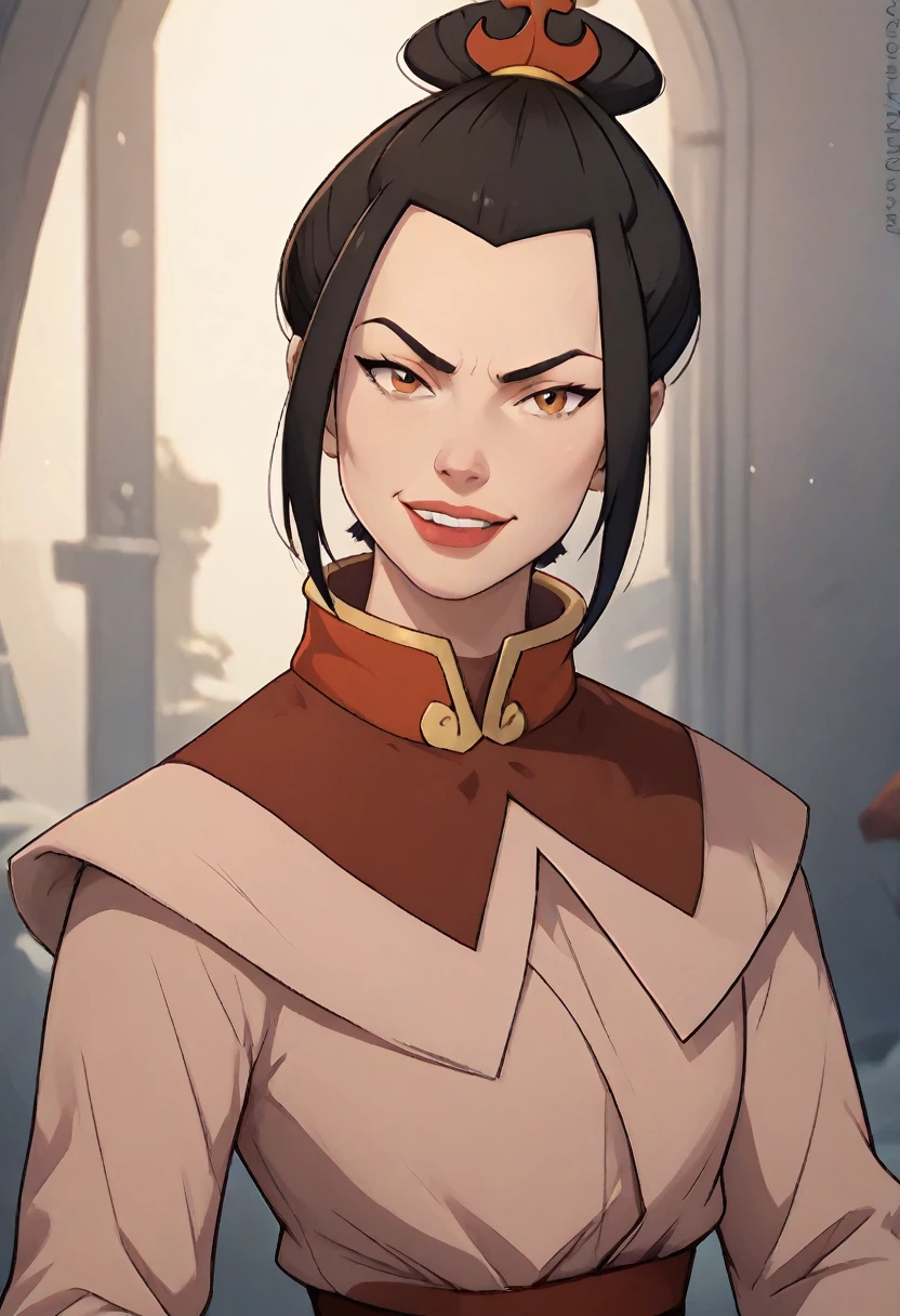 ((masterpiece, best quality)), (Azula), Azula smirks at viewer, lipstick, upper body: bare shoulders, skinny 