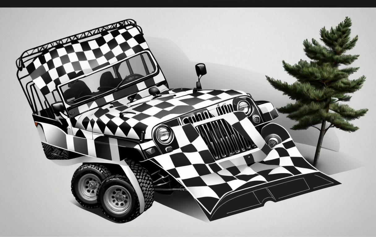 Blank background with a black and white checkered jeep illustration