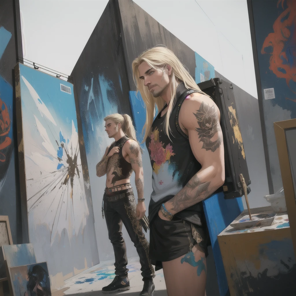 figurative art, medium full shot painting of a beautiful male Russian-Persian prince with long blond hair, abstraction texture grunge painting, Pintura Graffiti, Abstract Portrait Painting, by banksy, greg rutkowski, by greg tocchini, by james gilleard, by joe fenton, by kaethe butcher, oil on canvas, insanely detailed, front view, symmetrical, octane render, concept art, abstract, artistic, 8k, cinematic, trending on artstation, unreal engine 5, ultra sharp focus, highly detailed, vibrant