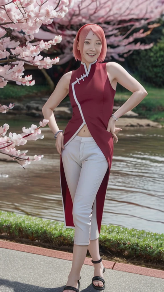 masterpiece, absurdres ,1girl, haruno sakura,forehead mark, red hairband, red sleeveless dress, white pants,navel,   groin,   bracelet, looking at viewer, crossed arms, smile, cherry blossoms, wind, floating hair, real, realistic