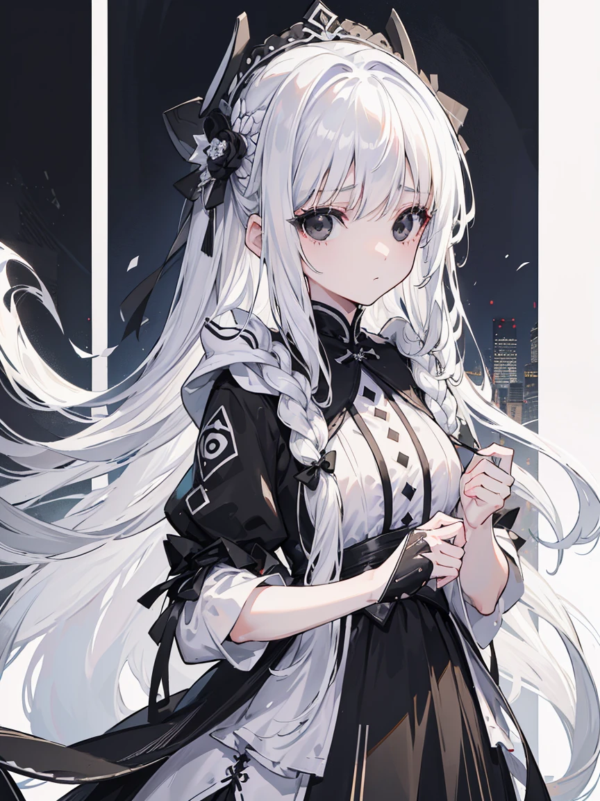(Top image quality)、(Very detailed)、(Facing forward)、Top quality、masterpiece、(((1 girl )))、Silver Hair、White hair、((Long hair))、Weaving、(black eyes:1.6)、(White and black cheongsam)、Hooded dress、Lots of decorations、Lots of ribbons、White Ribbon、She looked grim.、Fluffy loose hair