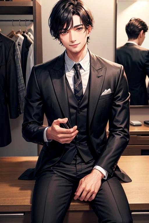 （（Tabletop））,Black-haired man, 30 years old, looking at the camera,Expressionless,Hazelnut Eyes,short hair,2 block hairstyle,Handsome face,Jacket,Suit pants