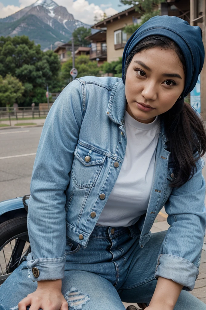 4D cartoon realistic nyata, big head,an adult woman with an Asian face, aged 30 years, wear the hijab,wearing a light blue denim jacket, White shirt, light blue distressed jeans, black sneakers,The pose is sitting on an old metallic blue Vespa motorbike facing the front,with a little baby girl aged 1 year old and wearing the same clothes, The background is above the beautiful mountains,Real realistic 3D caricatures