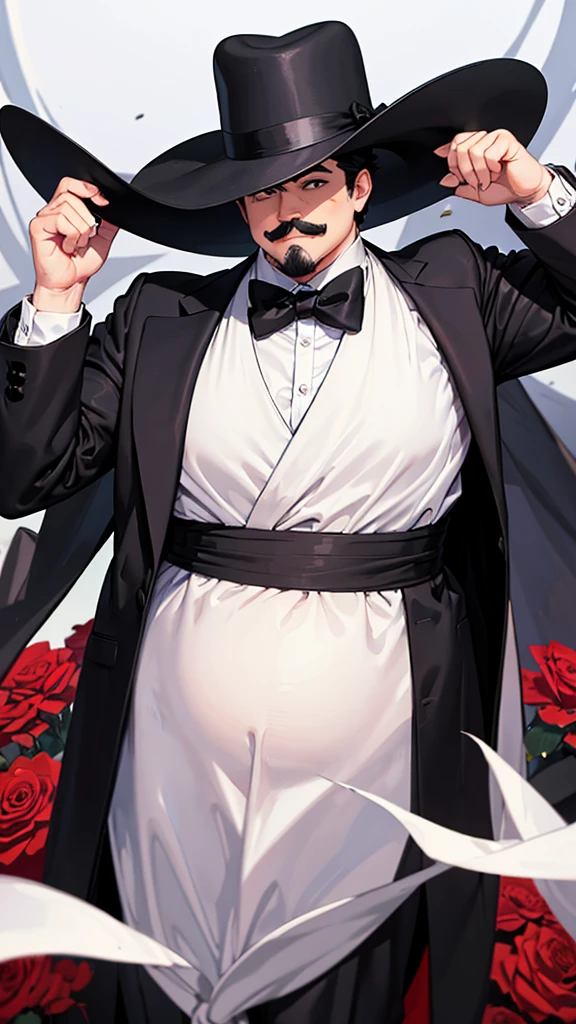 One chubby "Tuxedo Mask" with a big belly and a small mustache wearing a black suit and black hat and a large white frame, holding a red rose in his teeth