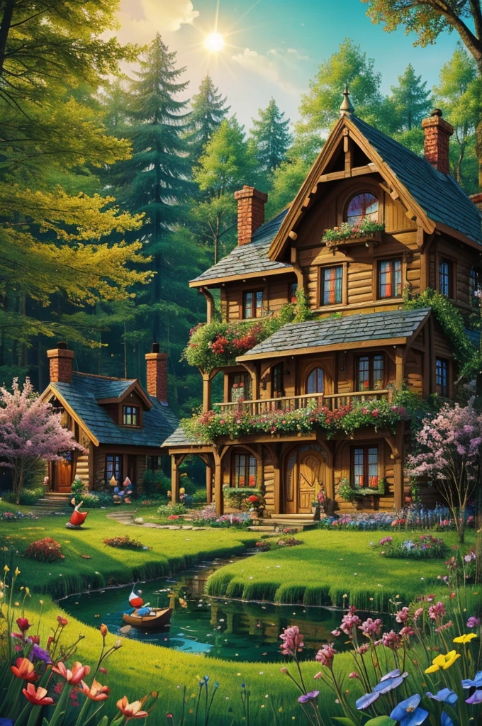 Colorful illustration for a fairy tale about gnomes living in a beautiful house in the forest