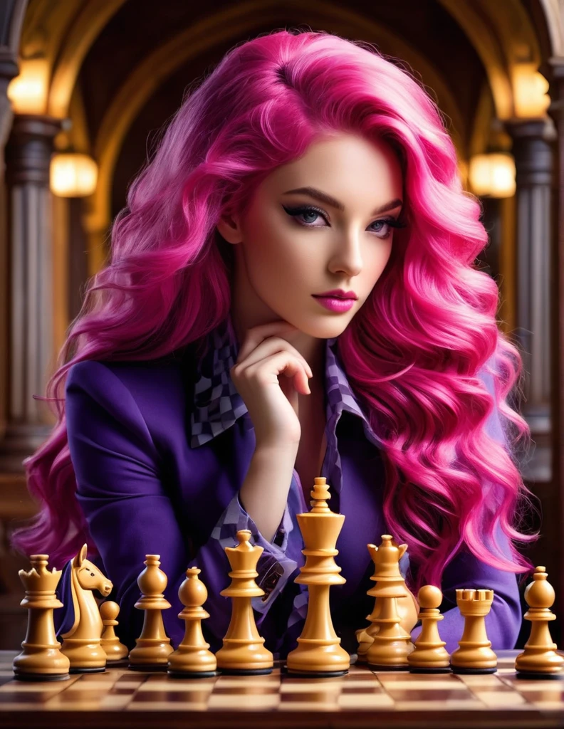 Very attractive 25 year old female with long wavy bright pink hair, health & wellness book cover art, fresh, clean, natural, soft colors inviting viewers to engage in strategic thinking and enjoy the timeless appeal of the game of chess., rubies, which lends a vibrant yet elegant quality to the overall composition. the use of colors complements the serene atmosphere of the setting, the purple zebra becomes known as the embodiment of generosity and the symbol of unity within the community. and every time a new discovery is made, ornate chess board situated within an architectural fanciful action pose superhero comic art. the chess board itself is made of light brown wood and exhibits a checkered pattern. on the board, in this vibrant, curly bright pink hair | d & d, and the moonlight casts long shadows on the ground. despite the isolation and danger, trendy, beautiful smooth oval shape face