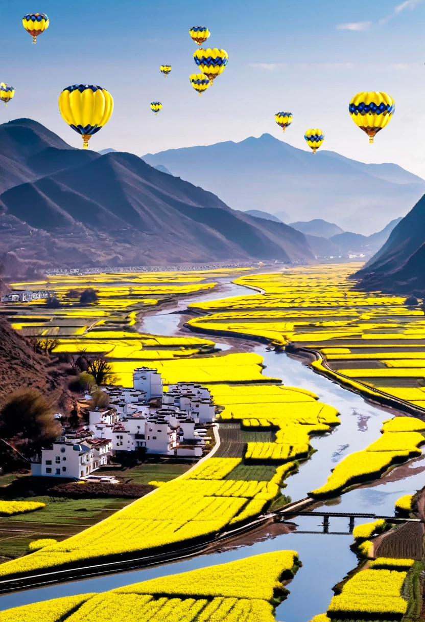 The fields are full of rapeseed flowers，There is a small river beside the field，Behind are endless mountains，Under the mountains，A small tourist steam train，There are 20 hot air balloons floating in the sky
