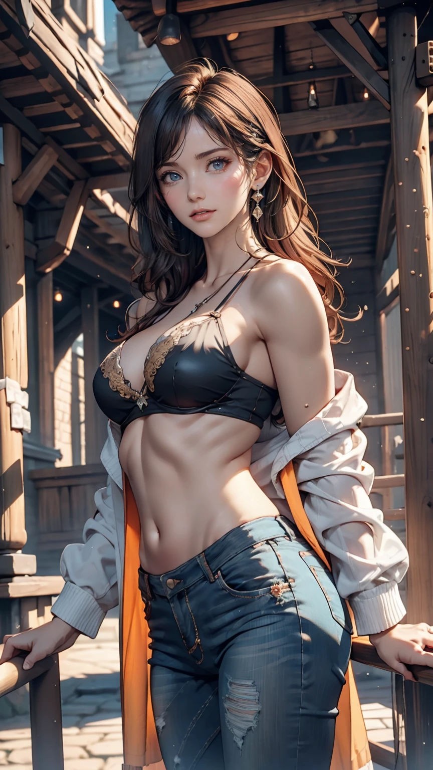 Very beautiful Nami (one piece), Subtle makeup, Moneyen hour, Realistic, High Contrast, 8k hd, detailed, hyper-detailed, Realistic skin texture, orange long hair, Bikini top only, Blue pants, Large Breasts, Highest quality, Ultra-high resolution, RAW Photos, Dramatic lighting, Unreal Engine, Diffuse Light, Outdoor, realistic detailed onep piece pirate ship, Treasure Chest, Money, Money coins, Money bars.