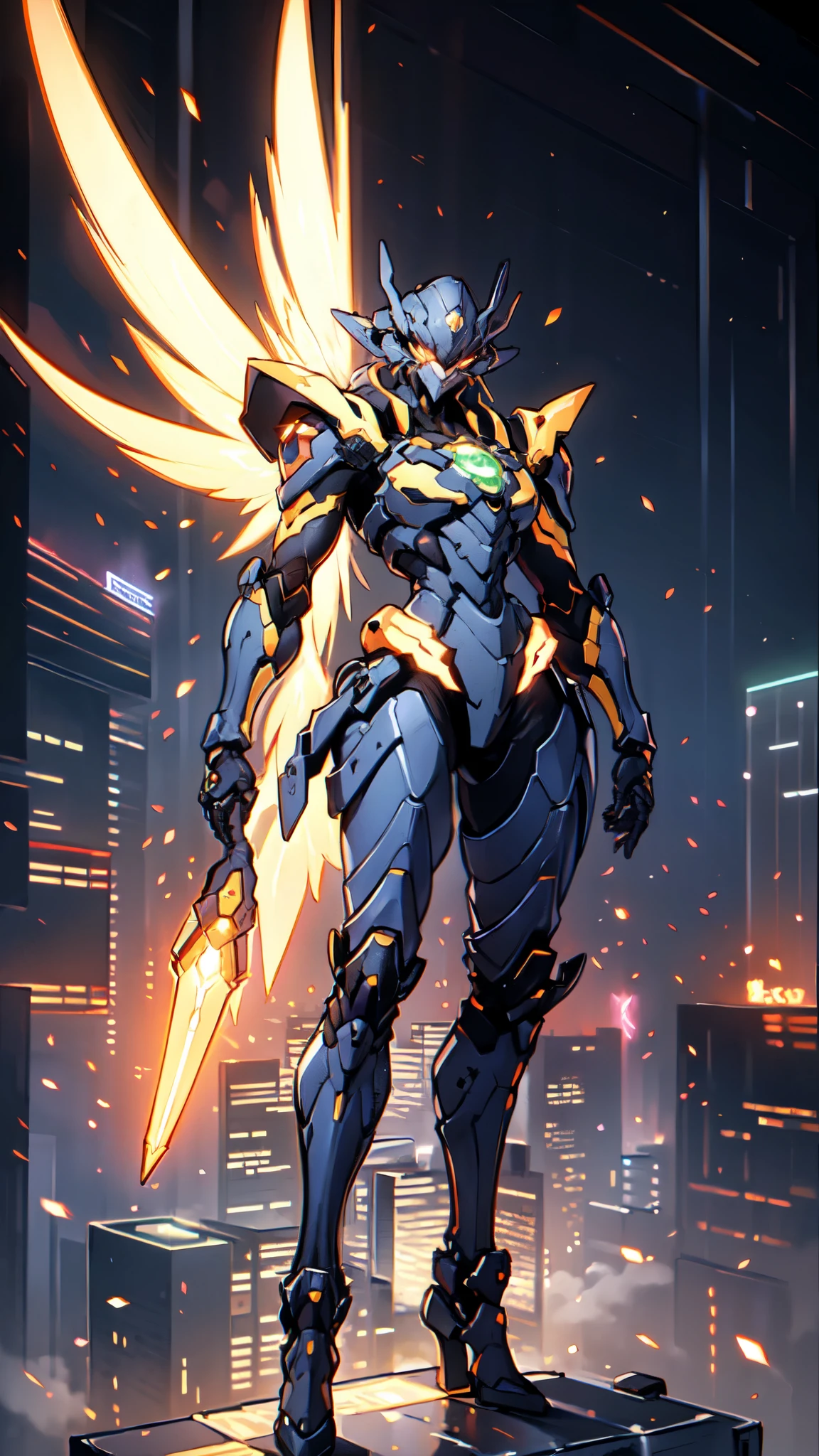 (masterpiece:1.5, best quality:1.5, extremely delicate:1.5), humanoid Mecha, fully enclosed shoulder guards, matching arm and leg guards, full body, full armor, the design balances heavy with agility, (the color scheme is primarily white with red and blue accents, the concept Inspired by Super robot, organic biotech armor, standing, floating high above the futuristic sci-fi city), exquisite and mature art style, (aura effect, energy, glowing eyes, the armor glows), metallic, dramatic, high definition, highres, ultra-detailed, ultra-fine painting, professional, perfect body proportions, anatomically correct, symmetrical face, extremely detailed eyes and face, high quality eyes, creativity, RAW photo, UHD, 32k, Natural light, cinematic lighting, masterpiece-anatomy-perfect