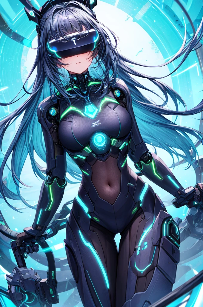 best quality, head-mounted display,
(1 girl, solo), exposed waist, exposed thighs, surrounded by azure neon, floating azure hair, NodesTech mascara, NodesTech headdress, long hair, ethereal hair, multicolored azure hair,
BREAK sci-fi background, detailed background, crop top cyborg armor, azure neon background, data space