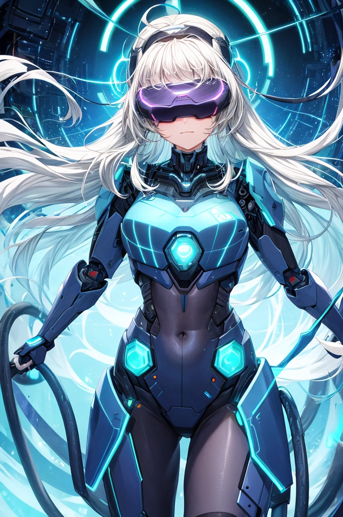 best quality, head-mounted display,
(1 girl, solo), exposed waist, exposed thighs, surrounded by azure neon, floating azure hair, NodesTech mascara, NodesTech headdress, long hair, ethereal hair, multicolored azure hair,
BREAK sci-fi background, detailed background, crop top cyborg armor, azure neon background, data space