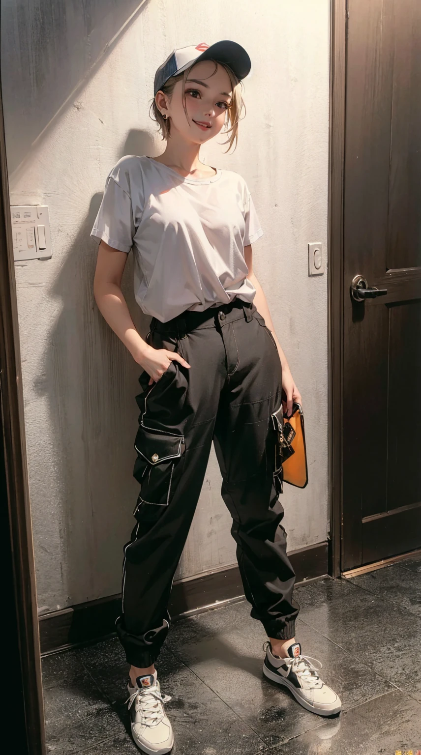 Cinema Lighting,Precision human body,RAW photos,4K - Ultra-realistic,best quality, masterpiece, Ultra-high resolution, (Reality: 1.4),((linoleum,Radiant Skin、Reality的 skin texture、Beautiful skin in every detail、Glowing skin、Glowing skin))、beautiful eyes, Perfect face and eyes、Super Resolution,(Reality的:1.3),(1 Slim girl), Fashion Girl, (Smile),Baseball cap, earrings,(Loose cargo pants)