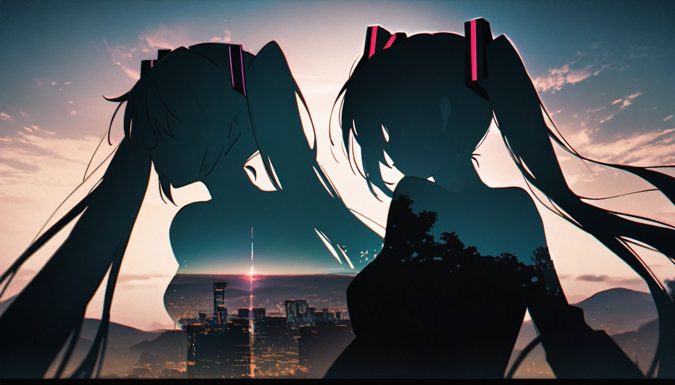 Highest quality, masterpiece, animation,Hatsune Miku,美しい虹を眺めるHatsune Miku, Landscape, Double exposure, Light and shadow contrast、My Revolution、