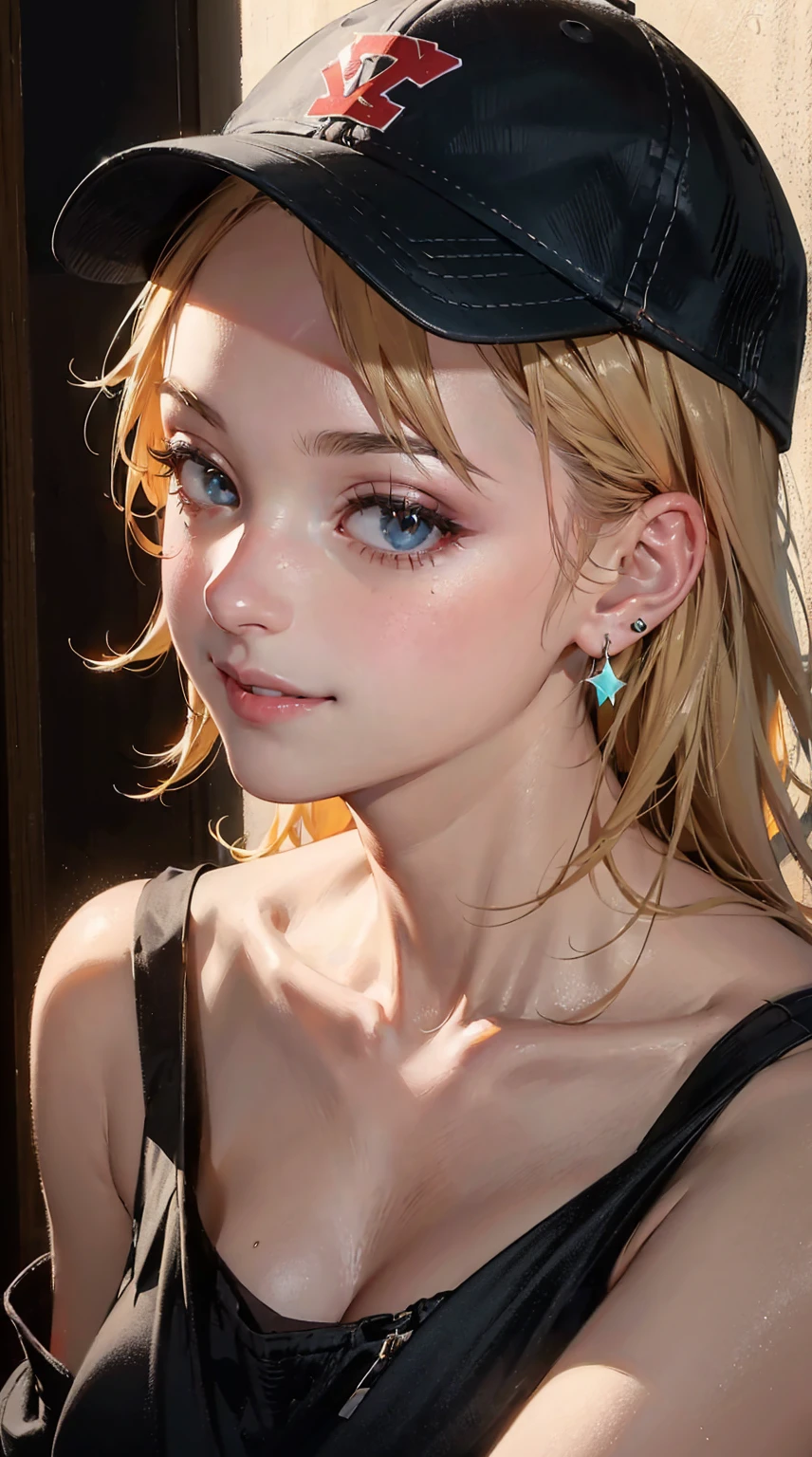 Cinema Lighting,Precision human body,RAW photos,4K - Ultra-realistic,best quality, masterpiece, Ultra-high resolution, (Reality: 1.4),((linoleum,Radiant Skin、Reality的 skin texture、Beautiful skin in every detail、Glowing skin、Glowing skin))、beautiful eyes, Perfect face and eyes、Super Resolution,(Reality的:1.3),(1 Slim girl), Fashion Girl, (Smile),Baseball cap, earrings,(Loose cargo pants)