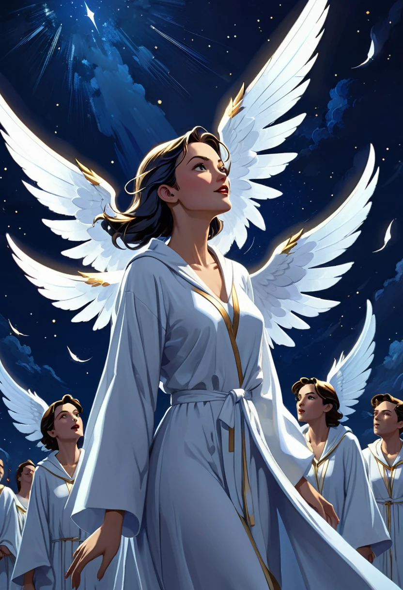 A painting of a host of angles in chorus, seen in profile , white robes and luminescent wings, dark indigo night sky background, in the style of comics , 8K octane render, award winning image.