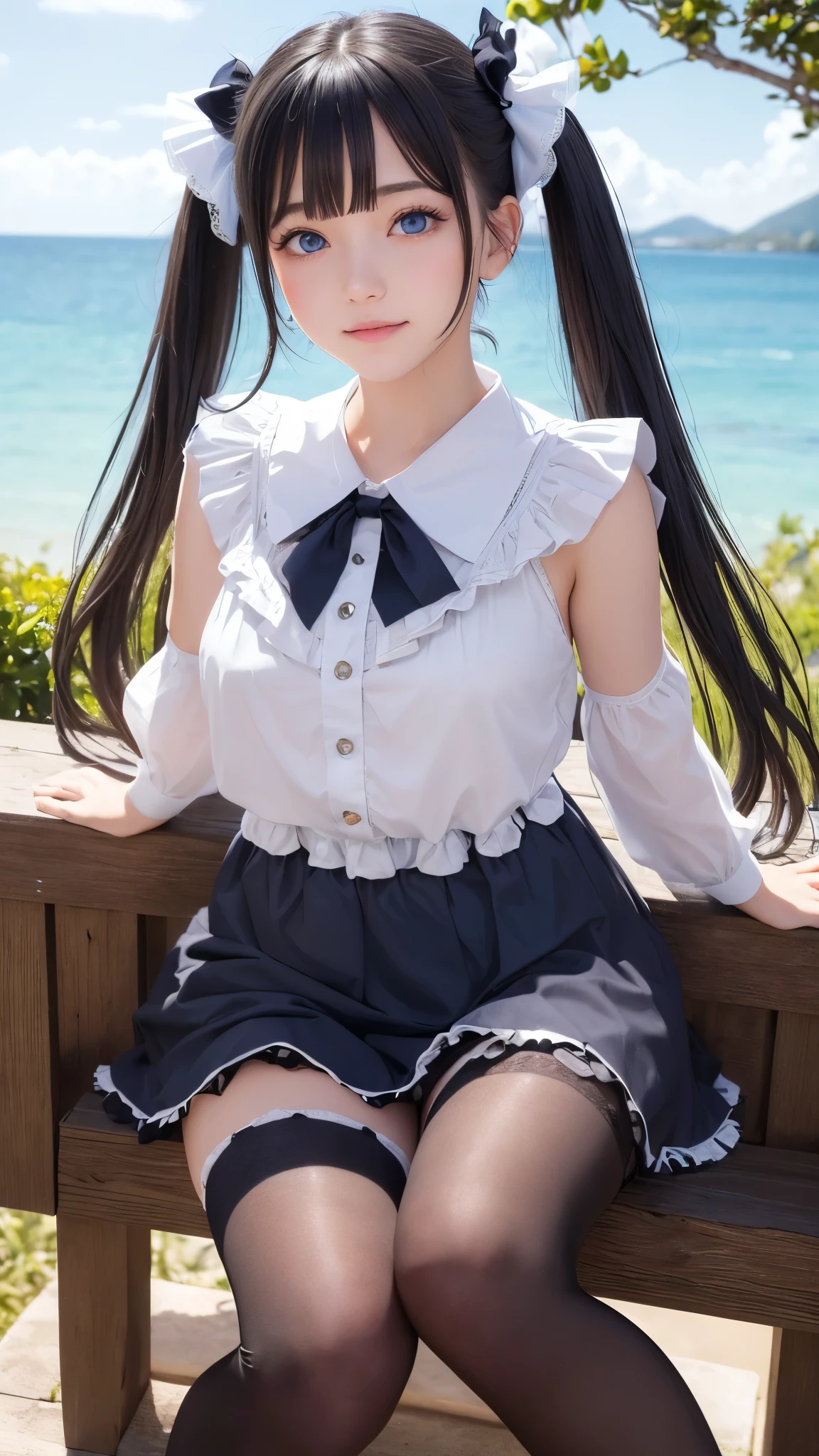 ((masterpiece)), ((highest quality、Ultra high definition)), (Very detailed),8K、Photo quality、((Amazingly cute girl)),)), Two people, , (Beautiful emerald blue eyes), ((smile)),In the open-air bath overlooking the sea, Beautifully arranged black hair in twin tails、whole body、Cute lolita maid stylimsuit))、Professional Lighting、(White lace knee-highore detailed and beautiful)、(More details and cutenesore realistic)、(((Just wear light clothing)))、プールではしゃぐ、
