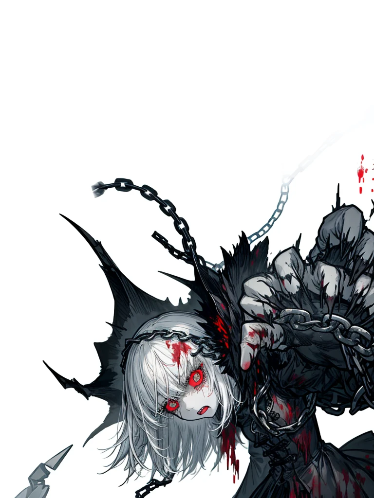 1girl,beast, White hair, blood tears, dark circles under eyes, cursed,(covered in blood, chains), covered in scars, (high resolution, high detail, best quality), pain, scream