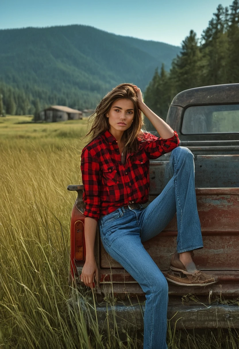 1grl, solo, Cinematic, realistic, UHD, A stunning close up photo of a young supermodel in red flannel shirt and denim pants perched elegantly atop an old, weathered blue matte pickup truck. She exudes confidence and grace as she poses barefoot amidst tall wild grass. The rustic wooden fence and a quaint farmhouse in the background hint at a serene countryside setting. A majestic mountain row looms in the distance, adding depth and scale to the scene. The overall atmosphere of the photo is natural and serene, capturing the essence of a perfect summer day. Photo taken by Steven Klein.
