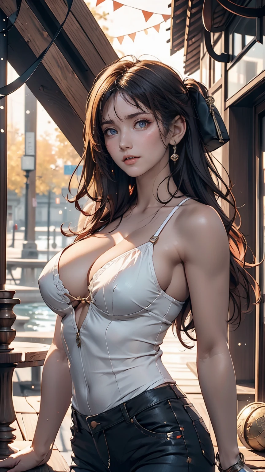 Very beautiful Nami (one piece), Subtle makeup, Moneyen hour, Realistic, High Contrast, 8k hd, detailed, hyper-detailed, Realistic skin texture, orange long hair, Bikini top only, Blue pants, Large Breasts, Highest quality, Ultra-high resolution, RAW Photos, Dramatic lighting, Unreal Engine, Diffuse Light, Outdoor, realistic detailed onep piece pirate ship, Treasure Chest, Money, Money coins, Money bars.