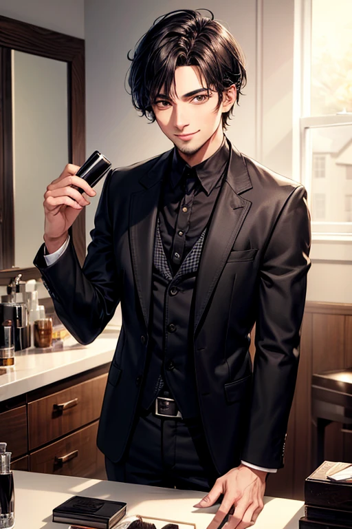（（Tabletop））,Black-haired man, 30 years old, looking at the camera,Expressionless,Hazelnut Eyes,short hair,2 block hairstyle,Handsome face,Jacket,Suit pants