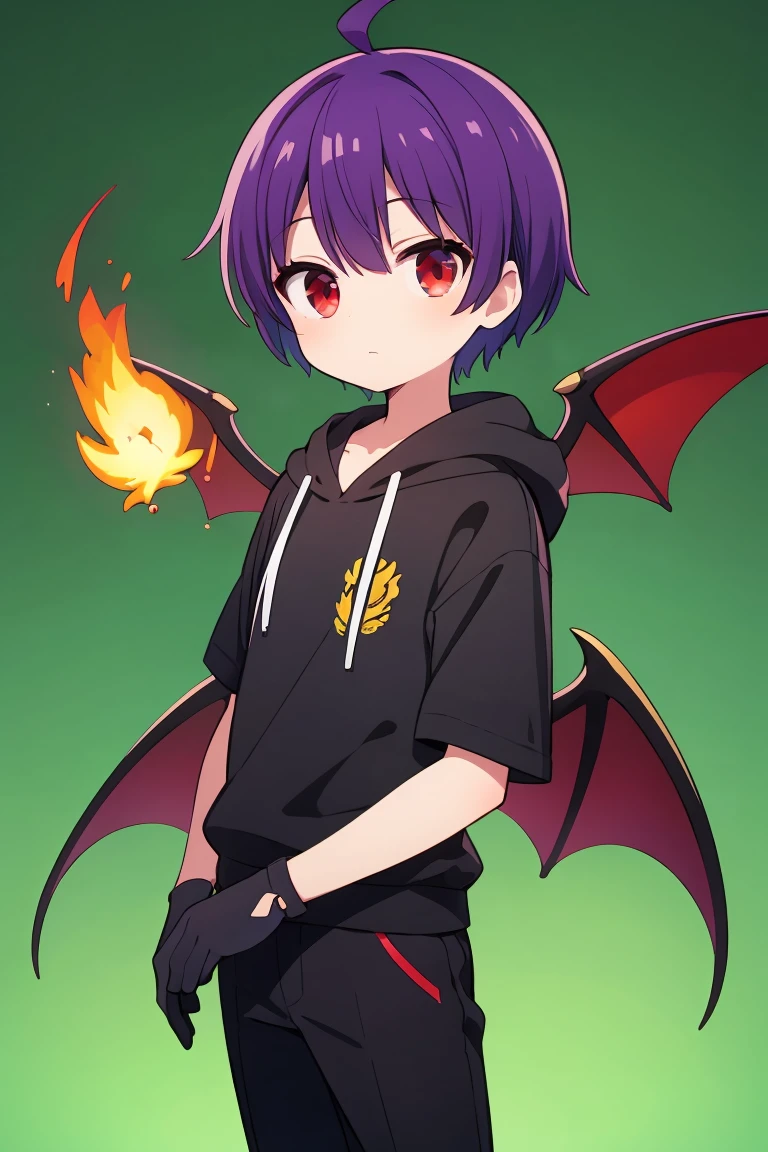 ((masterpiece, Highest quality, Very detailed)), Ahoge, Purple Hair, short hair, Red eyes, Black glove on one hand, Bat Wings, Indigo plain short sleeve hoodie, Black trousers, Manipulating the flames, boy, Mini character, Character portrait, solo, Green background