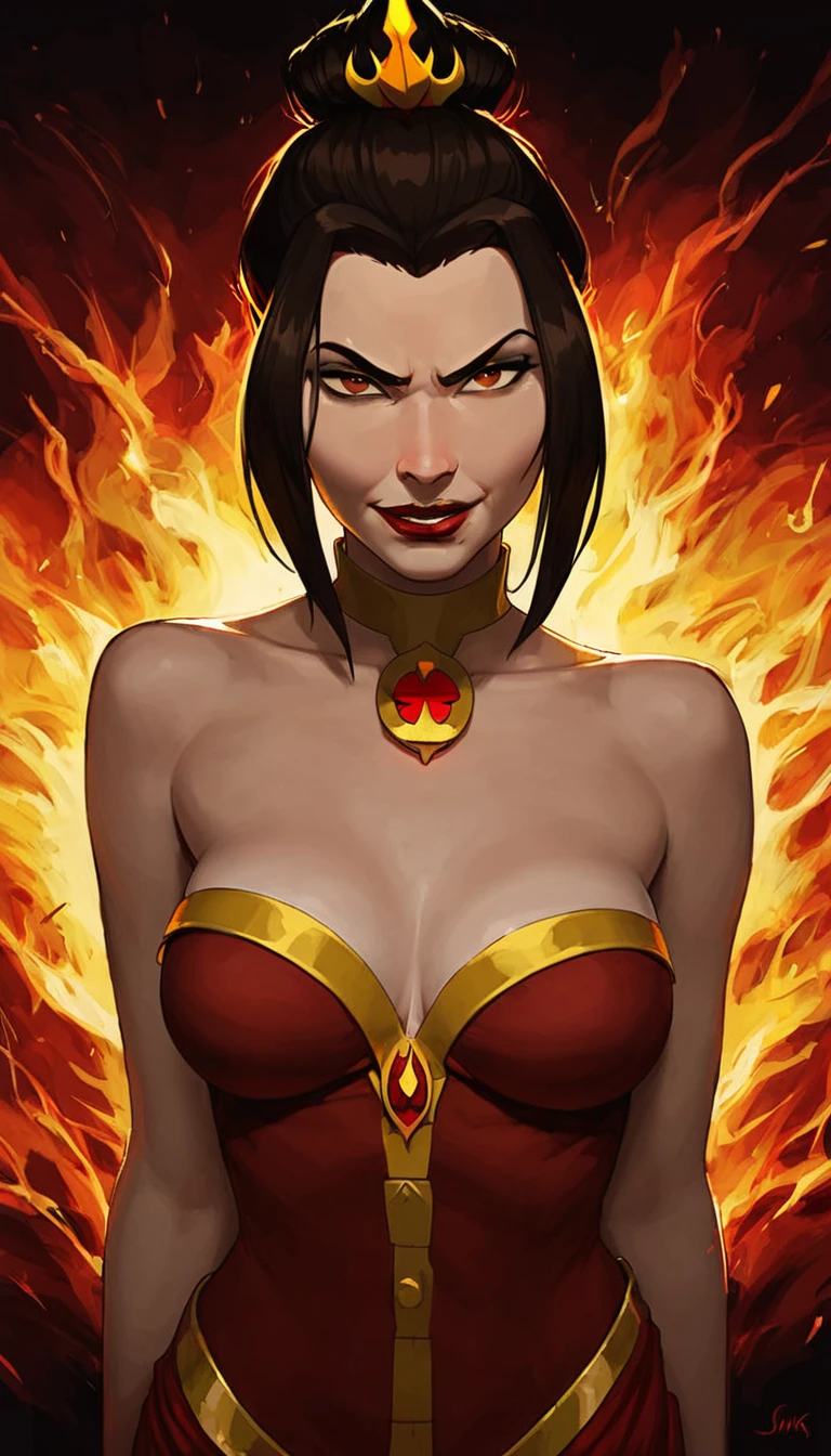 ((masterpiece, best quality)), (Azula), Azula smirks at viewer, lipstick, upper body: bare shoulders, skinny
