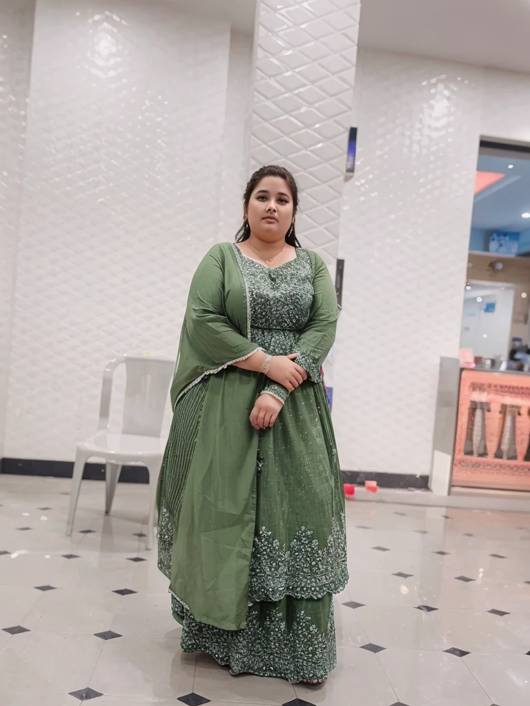 Here is an image of a fat and chubby lady, generate an image of the same lady with same face and with slim and fit body structure in modern dress