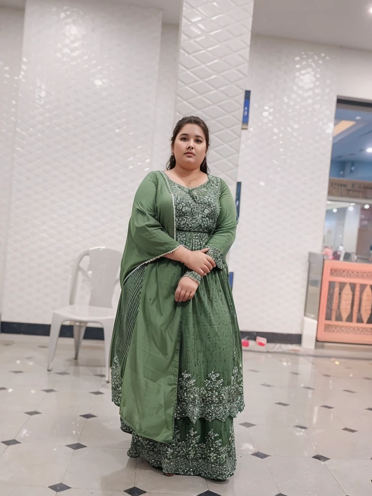 Here is an image of a fat and chubby lady, generate an image of the same lady with same face and with slim and fit body structure in modern dress