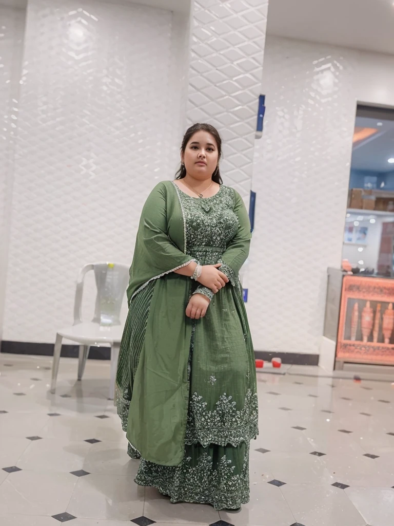 Here is an image of a fat and chubby lady, generate an image of the same lady with same face and with slim and fit body structure in modern dress