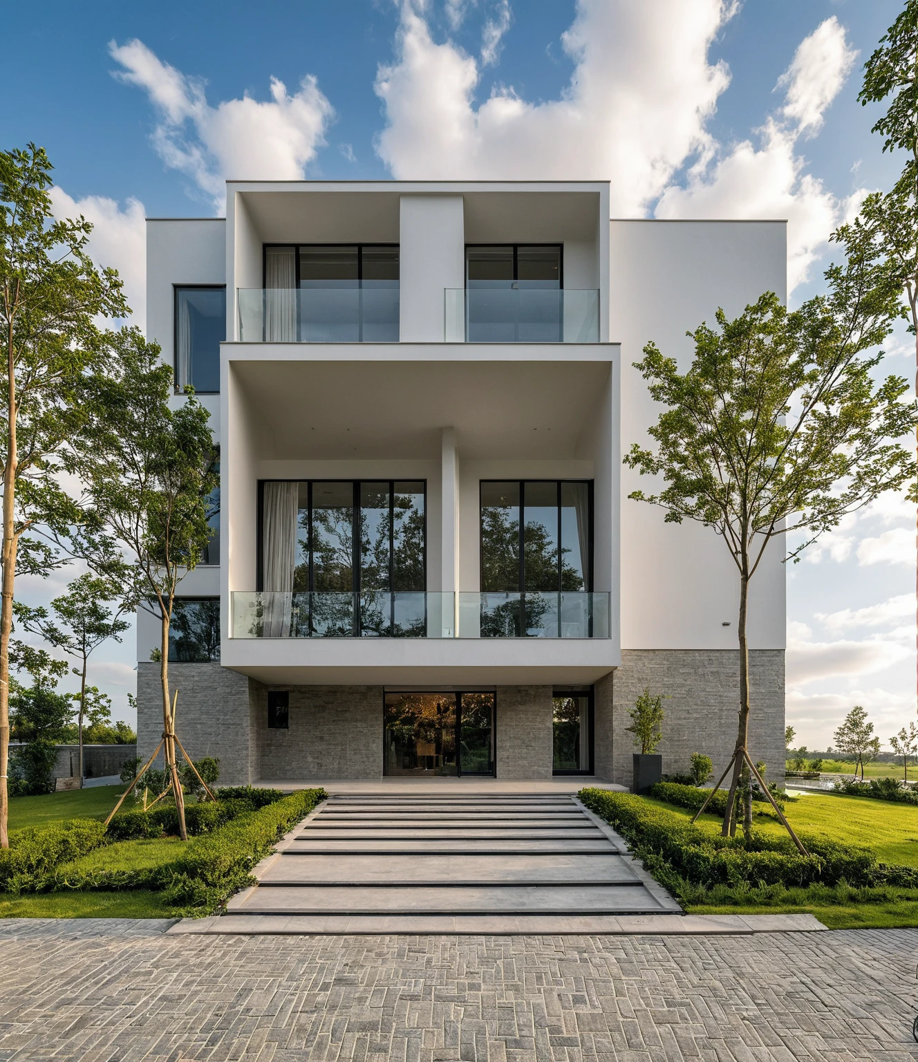 Masterpiece, high quality, best quality, authentic, super detail, outdoors, onestoreyvillaXL, aiaigroup, house style modern on the street ,stairs, white wall ,road,pavement, grass, trees, sky, cloud, (daylight:1.1)