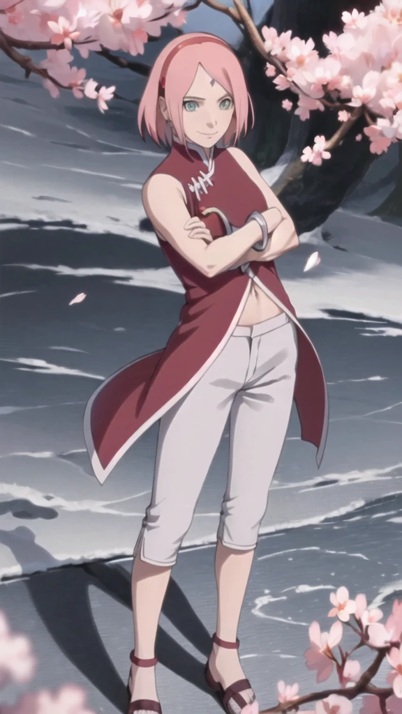 masterpiece, absurdres ,1girl, haruno sakura,forehead mark, red hairband, red sleeveless dress, white pants,navel, groin, bracelet, looking at viewer, crossed arms, smile, cherry blossoms, wind, floating hair,