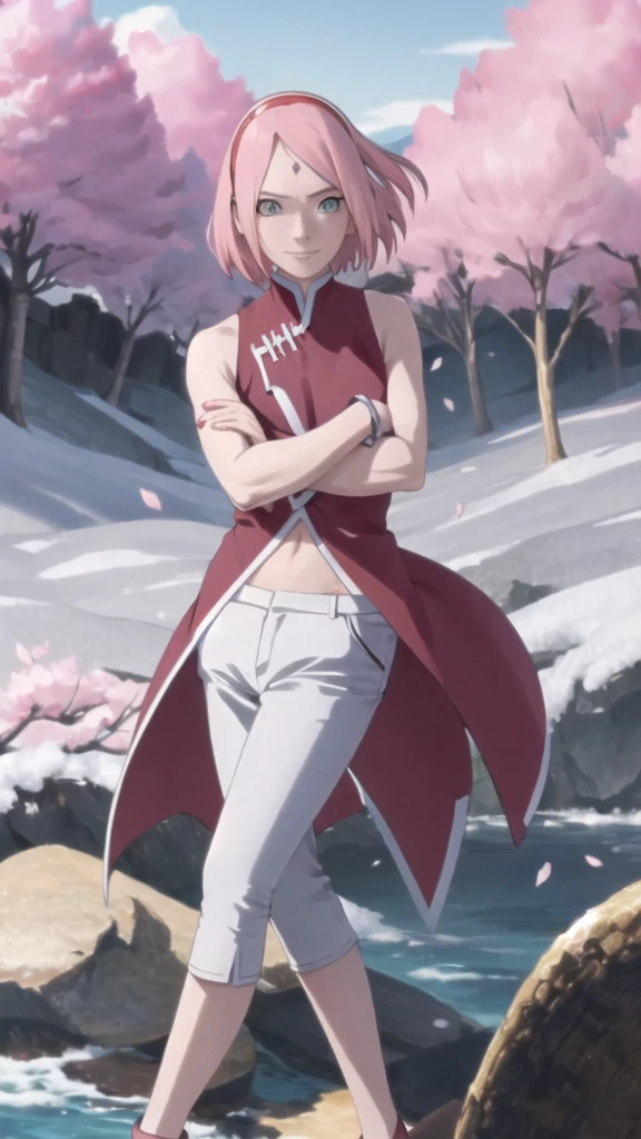 masterpiece, absurdres ,1girl, haruno sakura,forehead mark, red hairband, red sleeveless dress, white pants,navel, groin, bracelet, looking at viewer, crossed arms, smile, cherry blossoms, wind, floating hair,