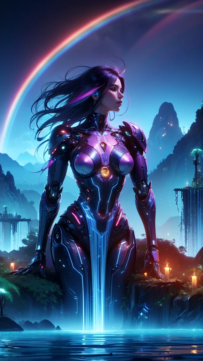 top quality, future world, State-of-the-art robot, Beautiful Woman, flying hair, Transformed into a cyborg except for the face,  Transformed into a cyborg except for the shoulder, sexy images, whole body photo, ((mysterious island, mysterious atmosphere, mysterious pool, mysterious mountain, mysterious rainbow, mysterious background))