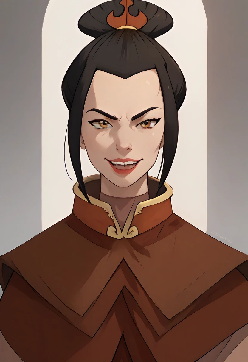 ((masterpiece, best quality)), (Azula), Azula smirks at viewer, lipstick, upper body: bare shoulders, skinny 