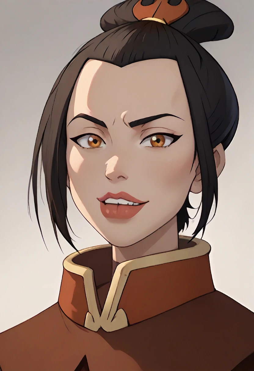 ((masterpiece, best quality)), (Azula), Azula smirks at viewer, lipstick, upper body: bare shoulders, skinny 