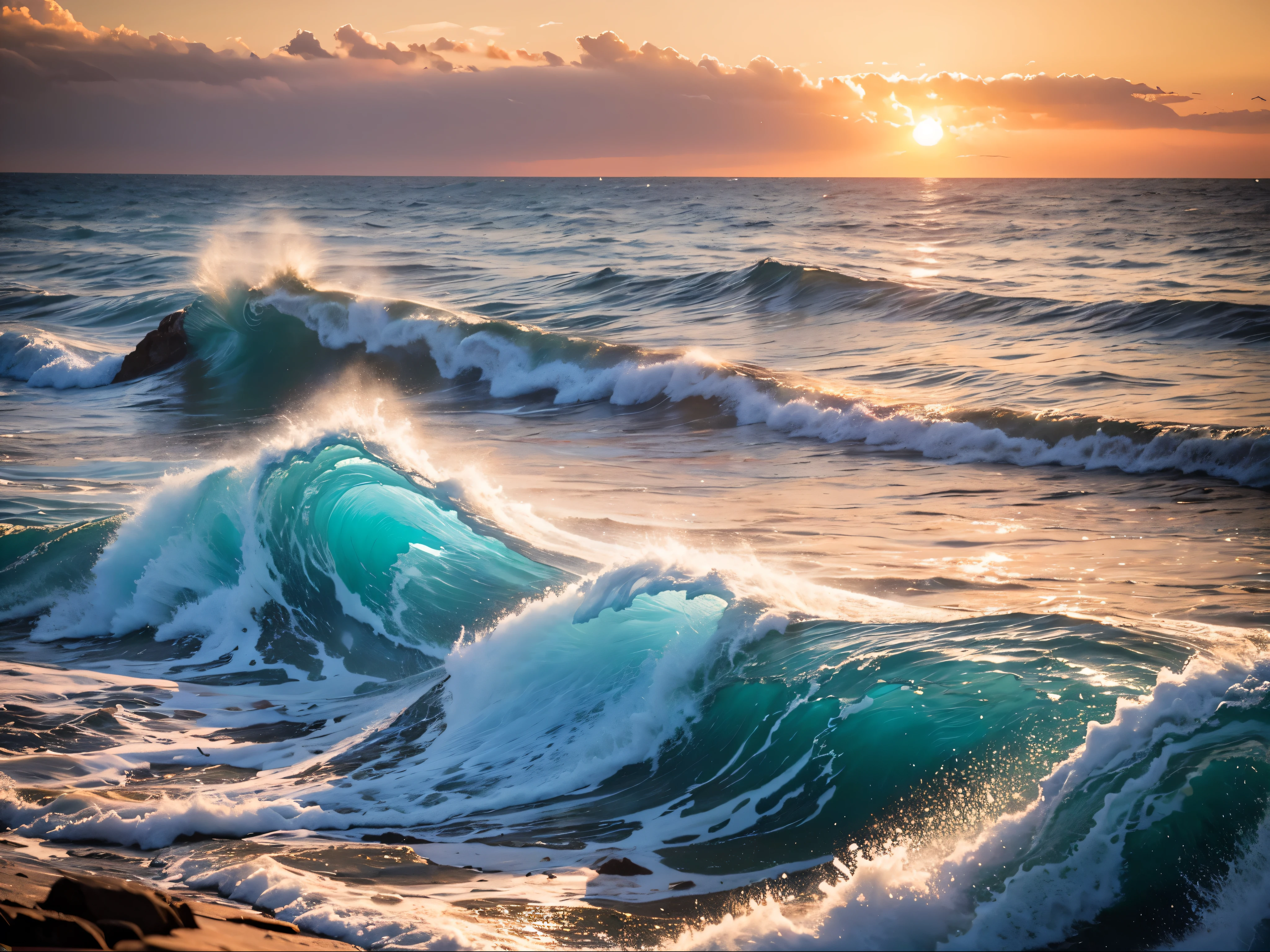 a serene ocean landscape, detailed waves crashing against rocky cliffs, a beautiful sunset in the distance, a single sailboat on the horizon, photorealistic, 8k, highly detailed, vibrant colors, dramatic lighting, cinematic composition