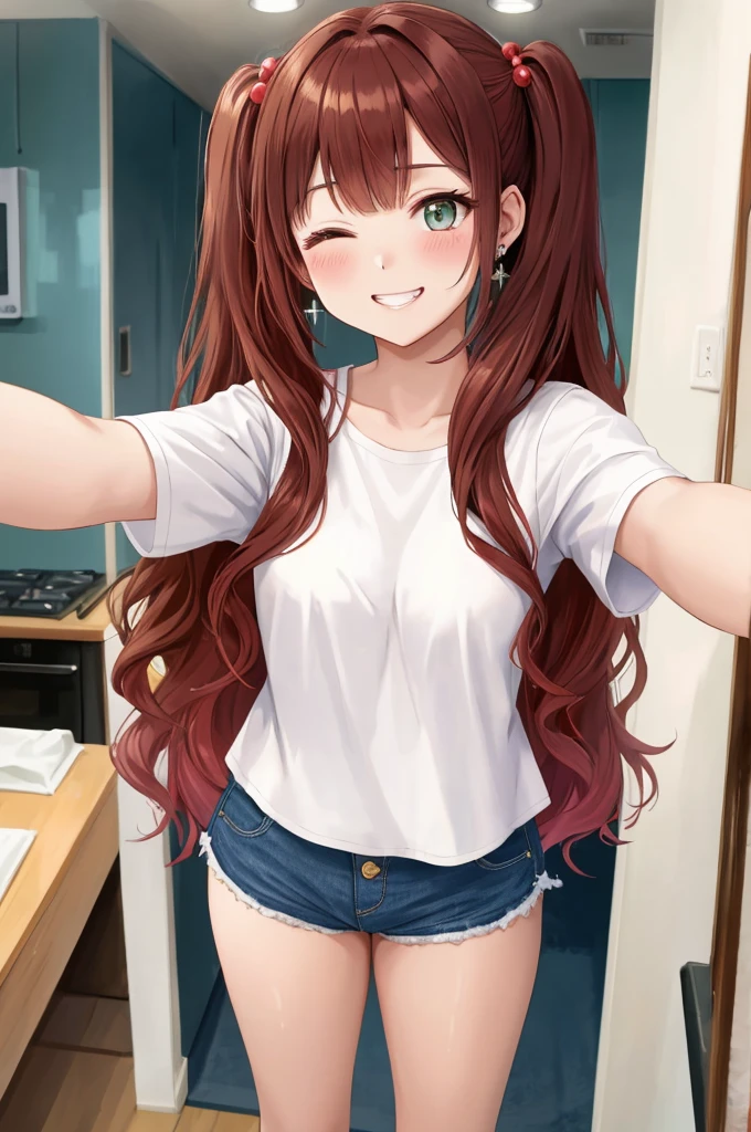 A beautiful girl taking a selfie with her phone, anime girl, inside the house, brown hair, gradient hair with red tips, long hair, twintails, wavy hair, asymmetrical bangs, shiny hair, cat hair ornament, aqua eyes, glowing eyes, one eye closed, pupils sparkling, earrings, grin, blush, seductive smile, big rounds breasts, she takes a selfie with her phone, (selfie:1.5), full body, small dolphin shorts, White camisole, high detail, anime, anime style, chiaroscuro, framed, pov, wide shot, panorama, atmospheric perspective, Wide-Angle, 85mm, Sony FE, 8k, super detail, UHD, retina, masterpiece, accurate, anatomically correct, textured skin, highres, best quality, 16k