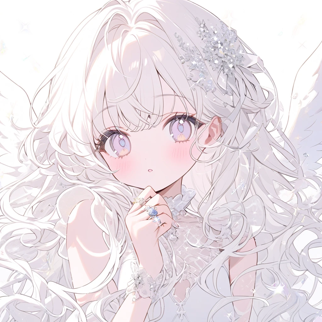 White Angel, White ribbon, pastel White angel ring, white one-piece,white and angel wings, cute white background ,White long Curl hair,glitter White eyes