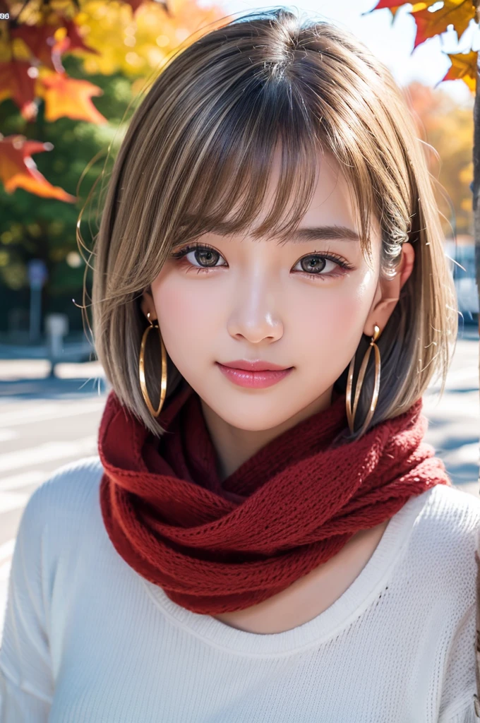 (RAW shooting), Overall image、Thick white sweater、Red scarf on neck、long earrings、Long eyelashes、Round eyes、Cheek on ear、correct、make、smile、Put your mouth in、((Wink))、Soft lips、誘惑的なsmile、Sparkle、Darker lipstick、Cheek on nose、(Autumn leaves)、((Watery eyes))、Asymmetrical Hair、Real Skin、Blonde Hair、Very realistic,Gray Hair、Messy Hair、Hair behind the ear、Floating Hair、short hair、Boyish hair、Blunt bangs、Surrealism、Drop Shadow、Anaglyph、Stereogram、Hyperrealism、Contemporary Art、shine、reflected light、Nikon、Ultra Wide Angle、16K、Super detailed、最high quality、uhd、Anatomically correct、Awards、最high quality、Ultra high detail、high quality、High resolution、Textured skin、correct、masterpiece、