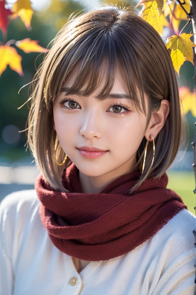 (RAW shooting), Overall image、Thick white sweater、Red scarf on neck、long earrings、Long eyelashes、Round eyes、Cheek on ear、correct、make、smile、Put your mouth in、((Wink))、Soft lips、誘惑的なsmile、Sparkle、Darker lipstick、Cheek on nose、(Autumn leaves)、((Watery eyes))、Asymmetrical Hair、Real Skin、Blonde Hair、Very realistic,Gray Hair、Messy Hair、Hair behind the ear、Floating Hair、short hair、Boyish hair、Blunt bangs、Surrealism、Drop Shadow、Anaglyph、Stereogram、Hyperrealism、Contemporary Art、shine、reflected light、Nikon、Ultra Wide Angle、16K、Super detailed、最high quality、uhd、Anatomically correct、Awards、最high quality、Ultra high detail、high quality、High resolution、Textured skin、correct、masterpiece、