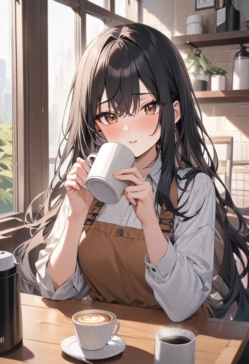 Highest quality, expensive_solve, clear_image, Detailed Background ,girl, Medium-long hair,Black Hair,Brown eyes,Have a coffee