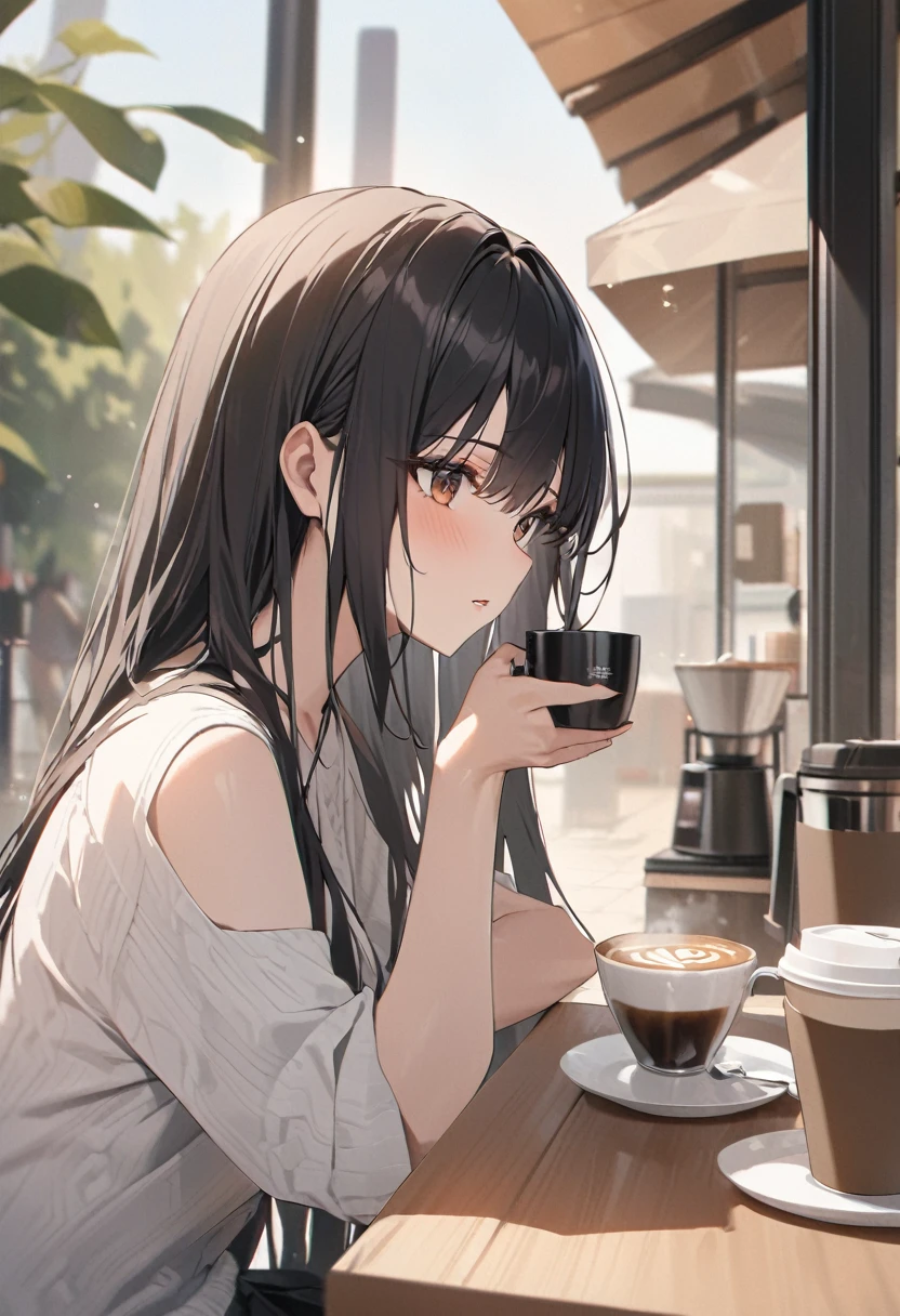 Highest quality, expensive_solve, clear_image, Detailed Background ,girl, Medium-long hair,Black Hair,Brown eyes,Have a coffee